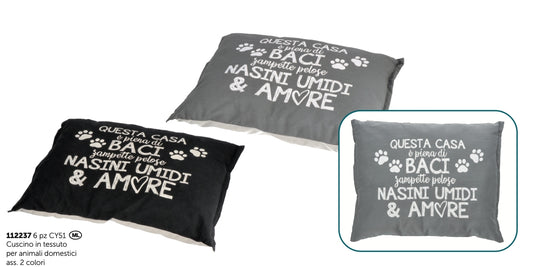 Cuscino in tessuto per animali domestici ass. 2 colori con scritta
