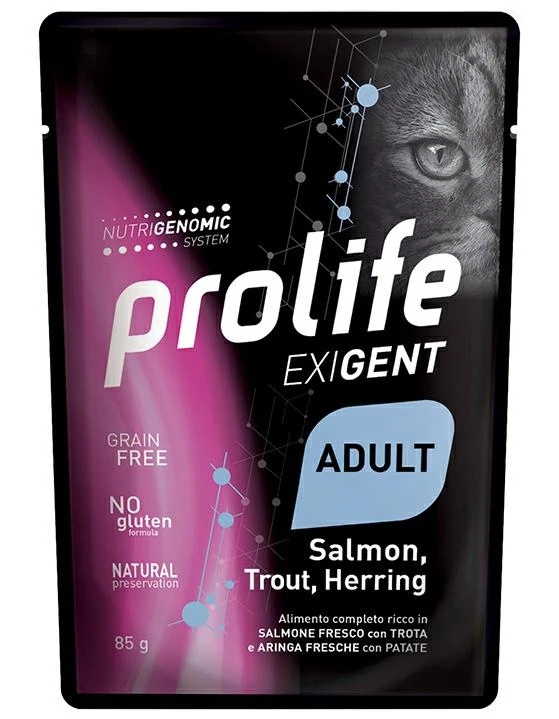 Prolife Cat Um Exigent Bustine Salmone/Trota/Aringa 12 x 85g - Immagine 1