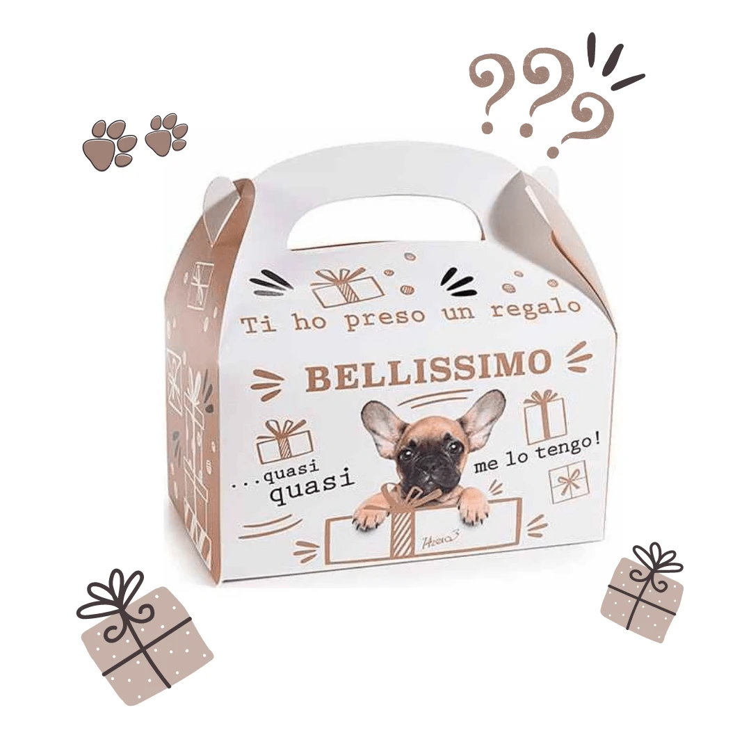 Box regalo cane in cartone con manico, grafica regalo e cagnolino