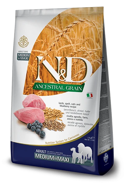Crocchette Farmina N&D agnello e mirtilli Ancestral Grain per cani adulti Medium e Maxi