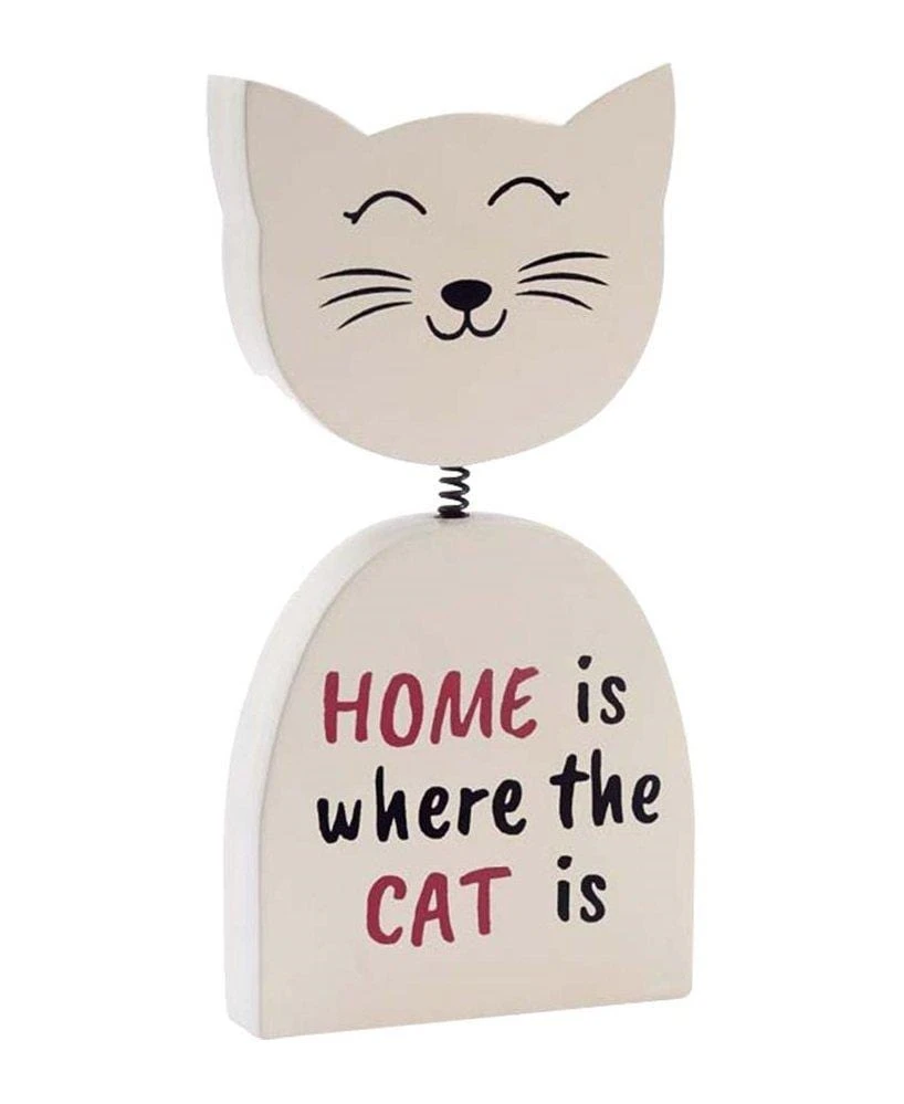 Decorazione gatto con molla in legno con scritta Home is where the Cat is