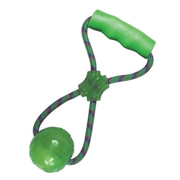 Palla con maniglia per cani KONG Squeezz verde con corda e squeaker