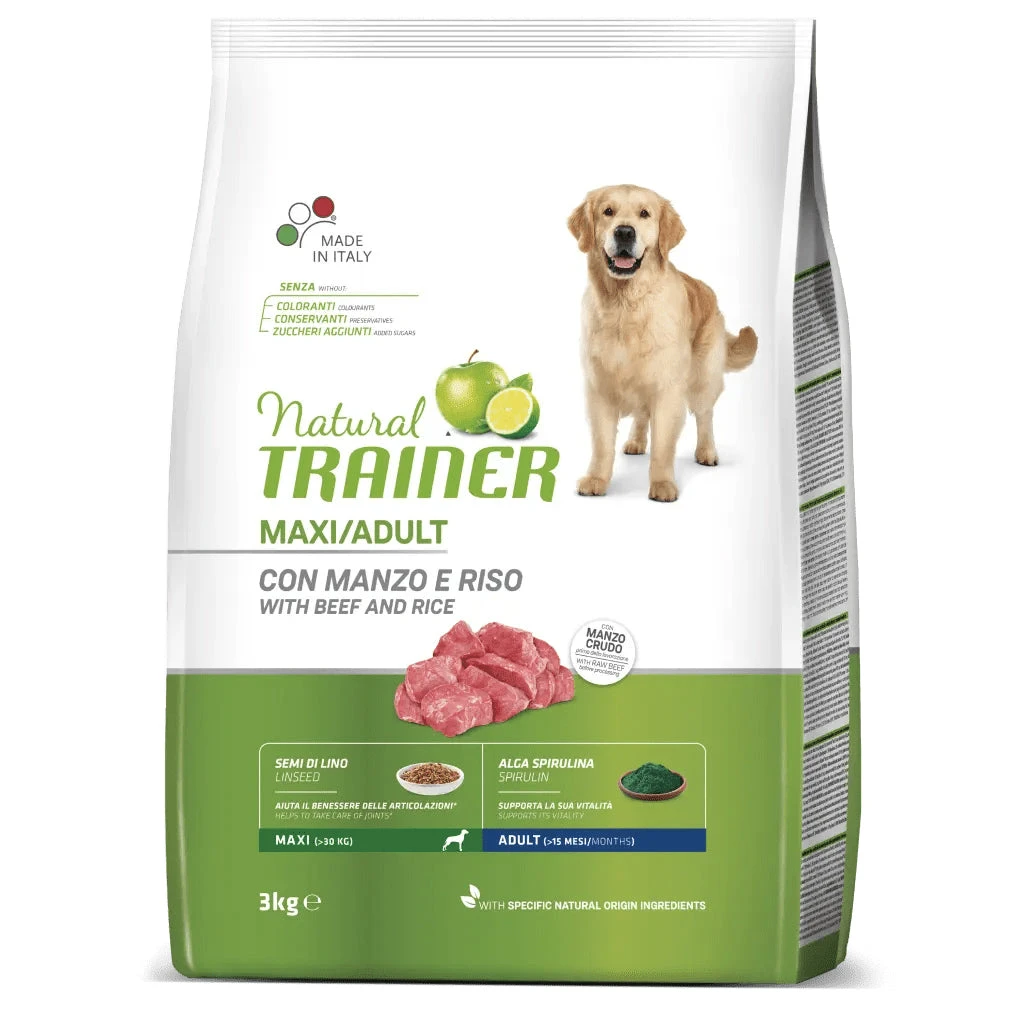 Natural Trainer Adult Maxi al Manzo e Riso, crocchette per cani adulti maxi