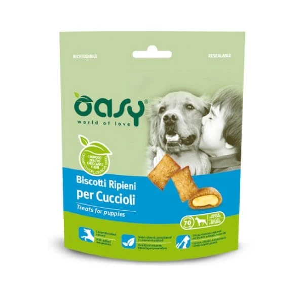 Biscotti per cuccioli Oasy ripieni al pollo in bustina da 70 g