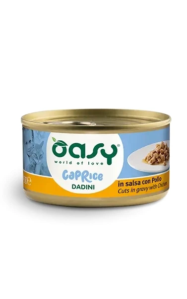 Oasy Caprice Pollo umido per gatto in lattina da 85 g con dadini in salsa