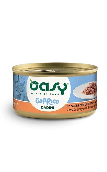 Oasy Wet Cat CAPRICE - Dadini con SALMONE E POLLO Lattina 85 gr 
