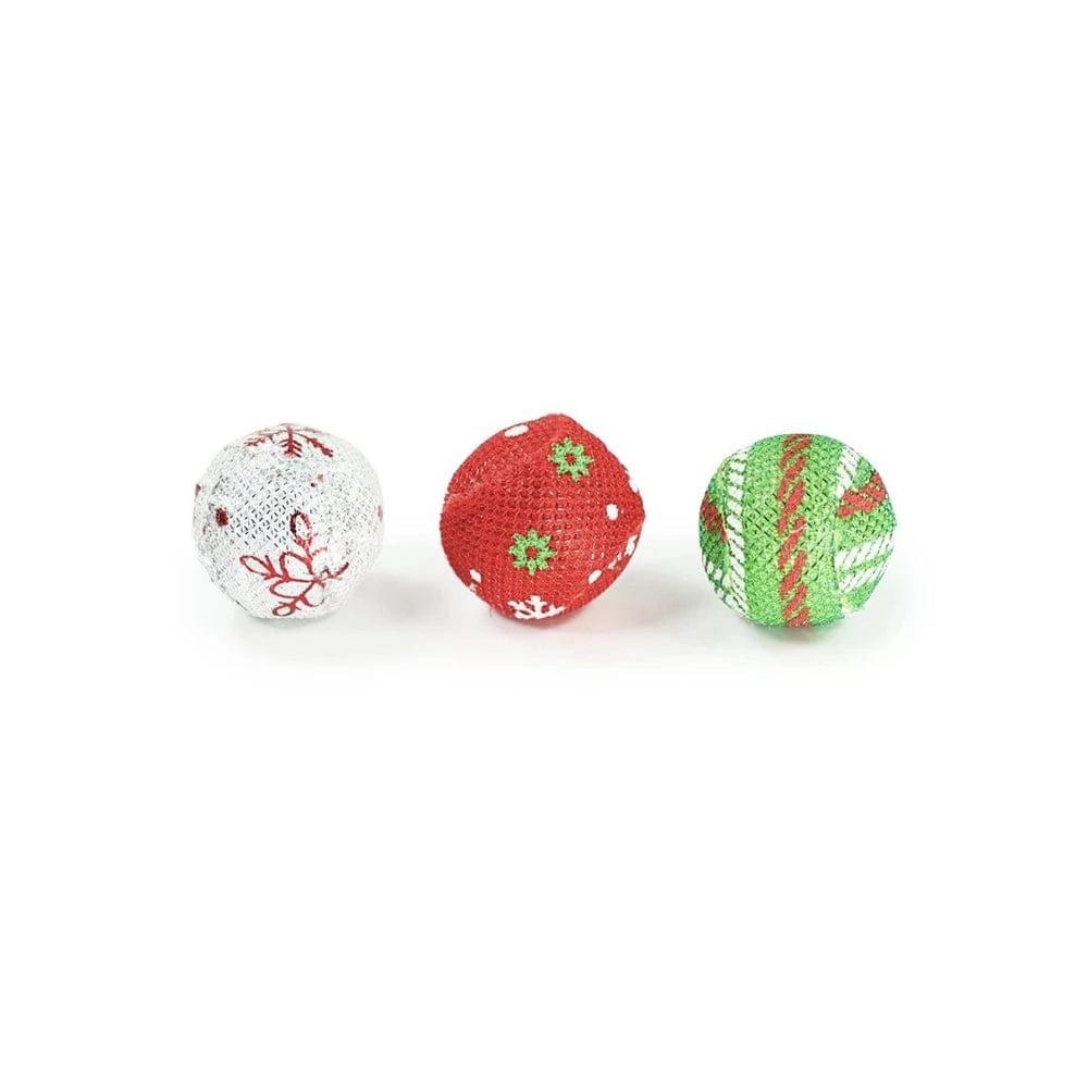 Palline natalizie per gatti con sonaglio in set da 3, bianche rosse e verdi