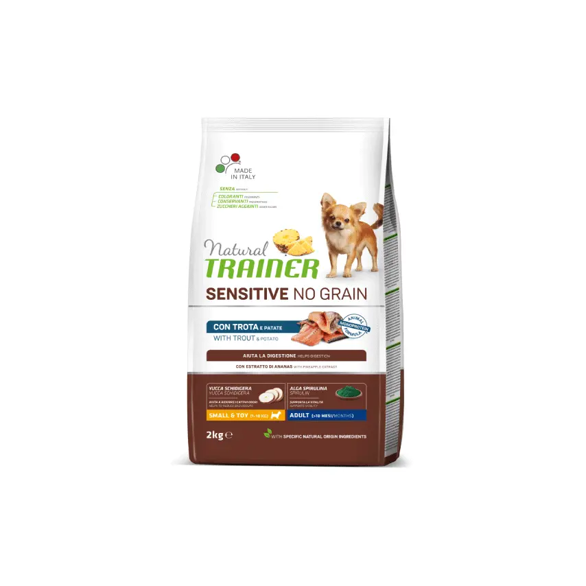 Natural Trainer Sensitive No Grain Small & Toy per Cani Adulti con Trota e Patate - 800 gr
