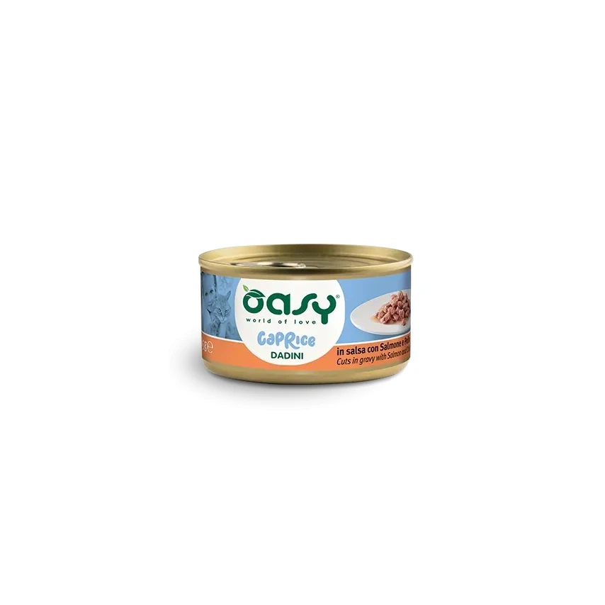 Oasy Wet Cat CAPRICE - Dadini con SALMONE E POLLO Lattina 85 gr 