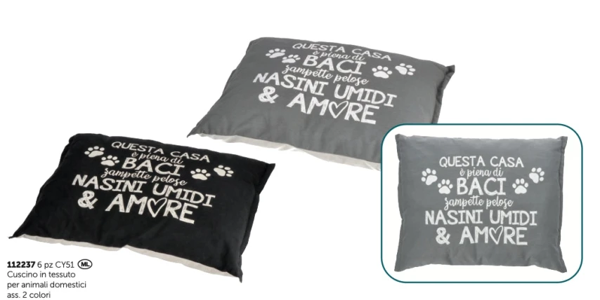 Cuscino in tessuto per animali domestici ass. 2 colori con scritta