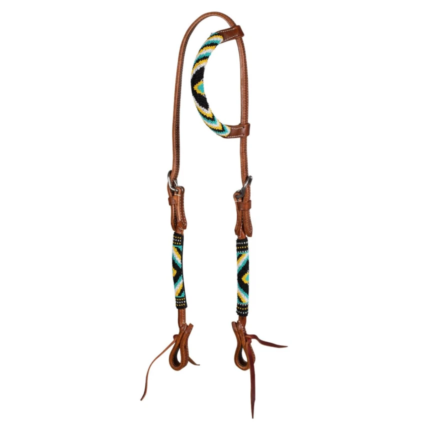 Pool's Testiera Western in Cuoio con Perline Multicolor (1 orecchio)