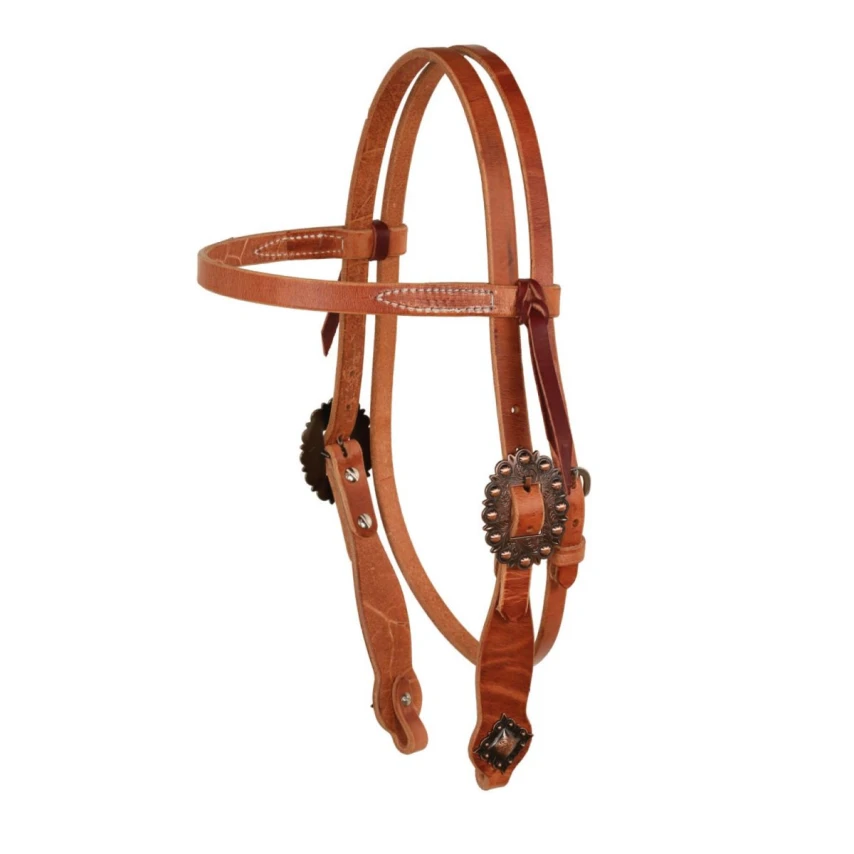 Testiera Western Berlin Custom Leather - Fibbia Copper Spotted e Concho a Diamante - Unica Cuoio Naturale