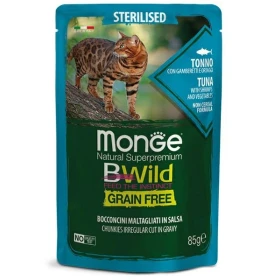 Monge Bwild Gatti Sterilizzati Buste 28 x 85 g Tonno/Gamberetti/Ortaggi