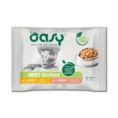 Oasy Multipack Sterilized 2 Pollo + 2 Salmone bocconcini - 4 x 85 gr