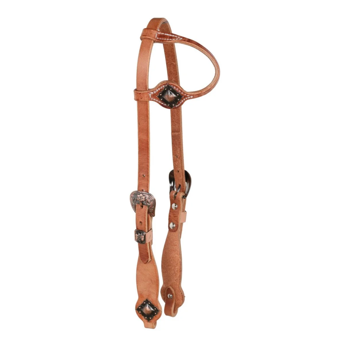 Berlin Custom Leather - Testiera One Ear in Cuoio Oliato con Fibbia Floreale e Concho Diamante - Unica Oliato