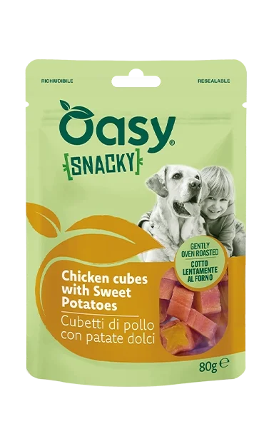 Oasy Snacky Cubetti di Pollo con Patate Dolci Snack per Cani 80 g