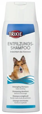 Shampoo scioglinodi per cani Trixie 250 ml con flacone bianco e immagine di cane a pelo lungo