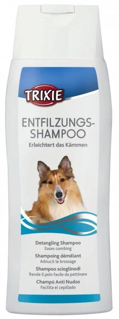 Shampoo scioglinodi per cani Trixie 250 ml con flacone bianco e immagine di cane a pelo lungo