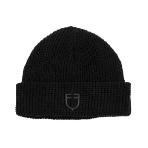 Equestro Cuffia unisex in lana a costine con logo