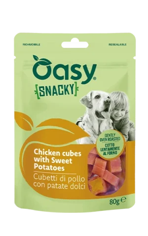 Oasy Snacky Cubetti di Pollo con Patate Dolci Snack per Cani 80 g