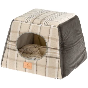 Ferplast Casetta Edinburgh in tessuto scozzese per gatti, trasformabile in lettino, marrone, 44 x 44 x h 33 cm