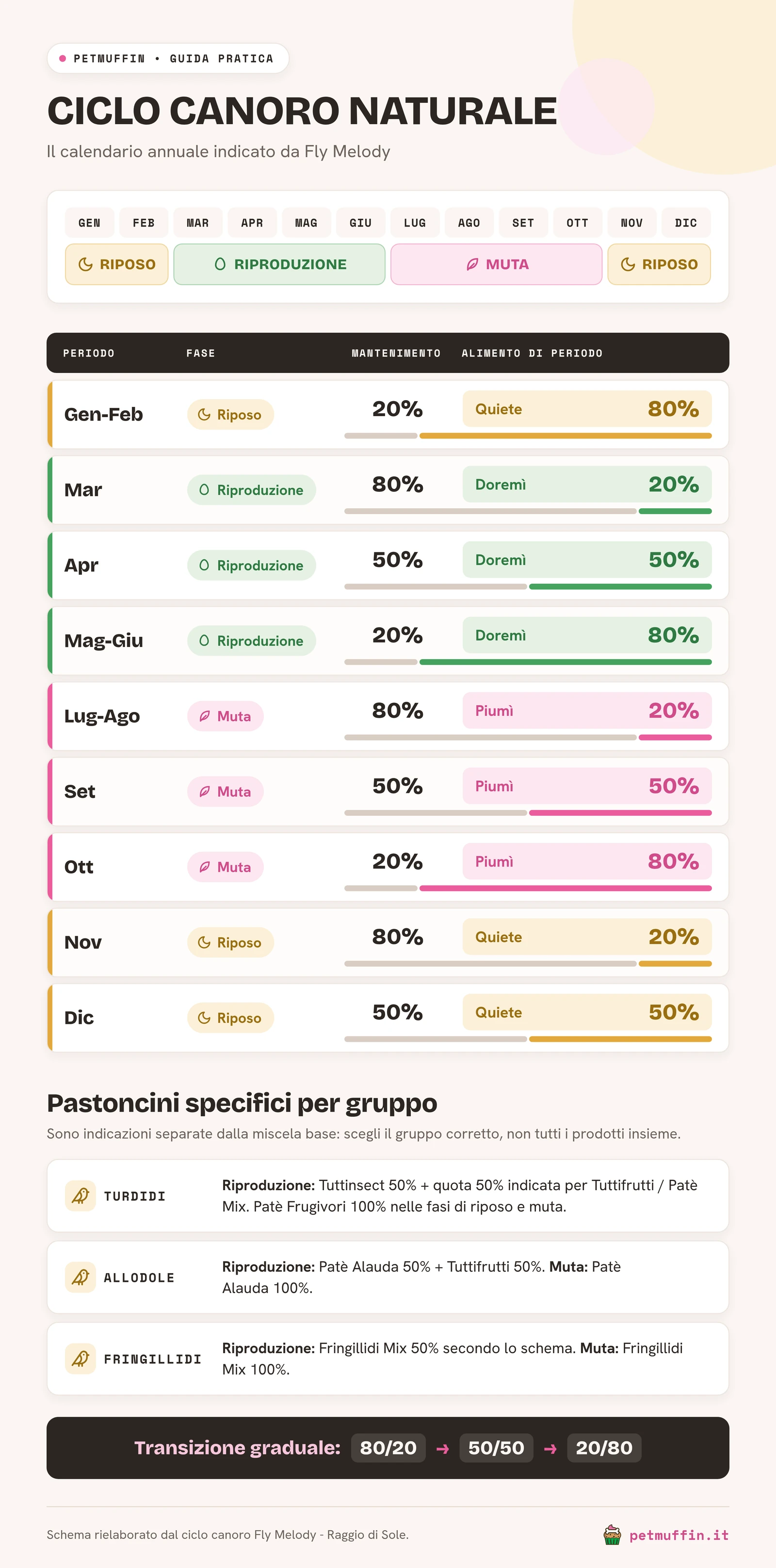 Tabella del ciclo canoro naturale con percentuali mese per mese